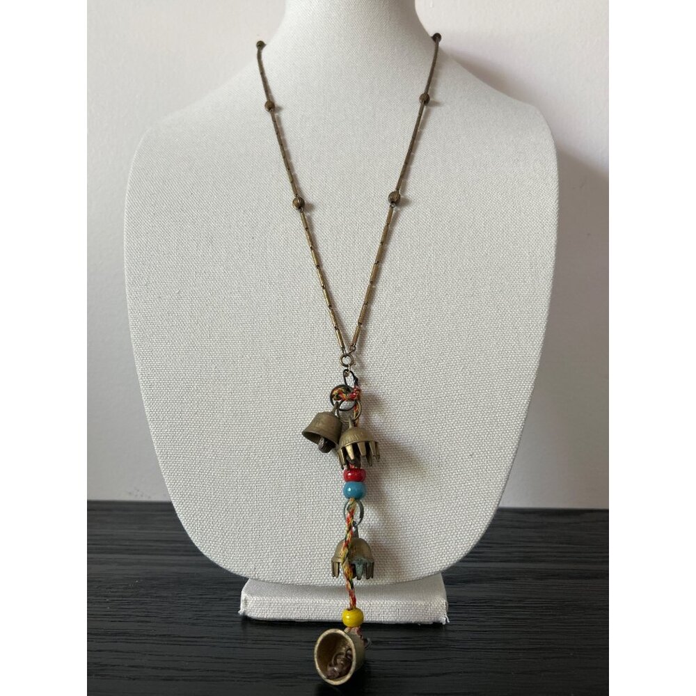 VTG Brass Chain w/Brass Bells Charms Necklace Handmade OOAK Bohemian Artisan